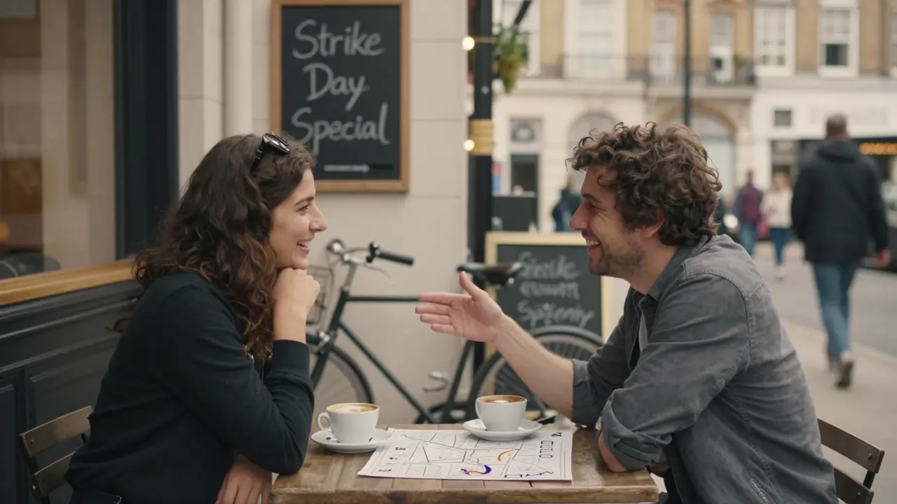Two people sharing coffee at a café during a Tube strike, one pointing at a hand-drawn map.