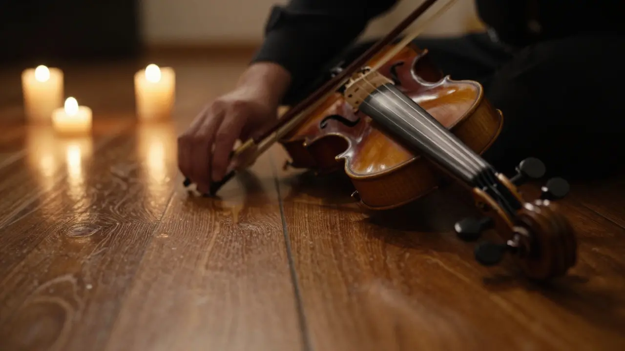 Violinist's hands resting on a wooden floor, illuminated by candlelight.