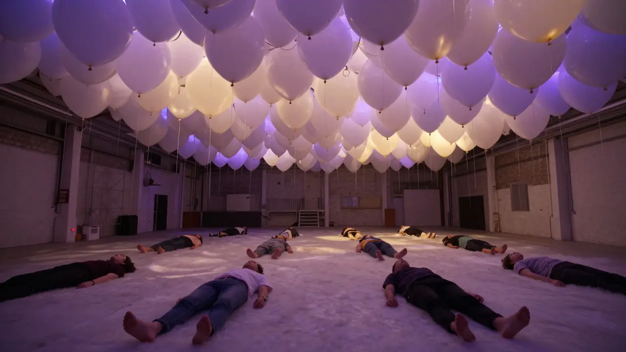 Visitors lying down looking up at a ceiling of floating colored balloons.