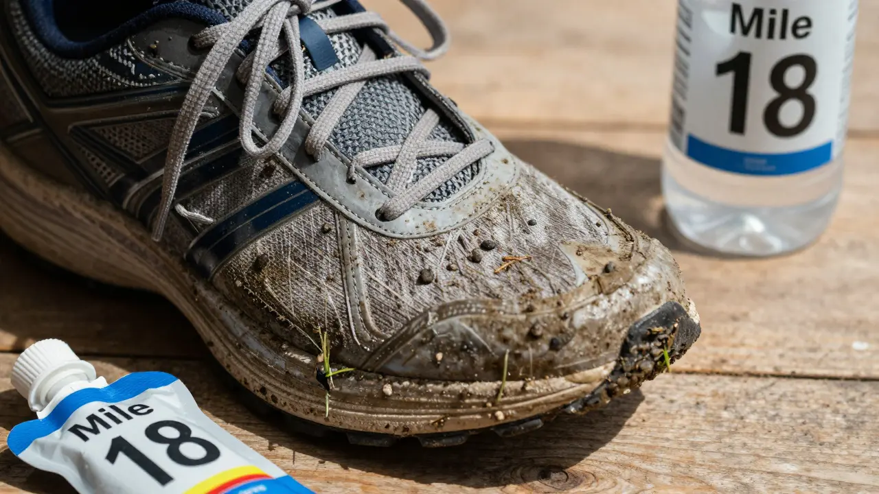 Worn running shoe covered in mud and sweat, showing signs of long training miles.