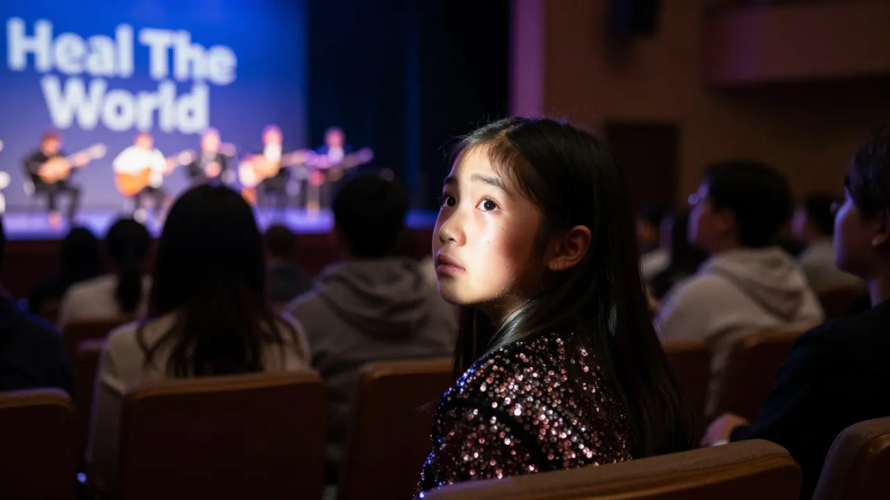 Young fan in sequined jacket crying with wonder as the musical reaches its emotional climax.